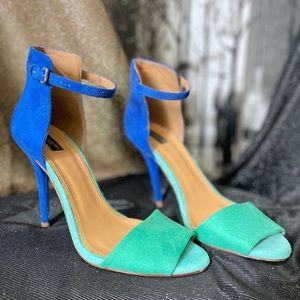 Zara Collection Two Tone (Blue/Green) Heeled Suede Stiletto Sandals size 38